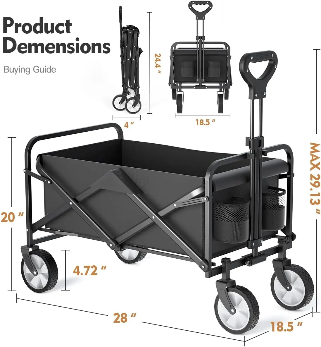 

Collapsible Folding Wagon Utility Wagon Beach Wagon Cart Foldable Grocery with Side Pocket Large Capacity Heavy Duty Portable