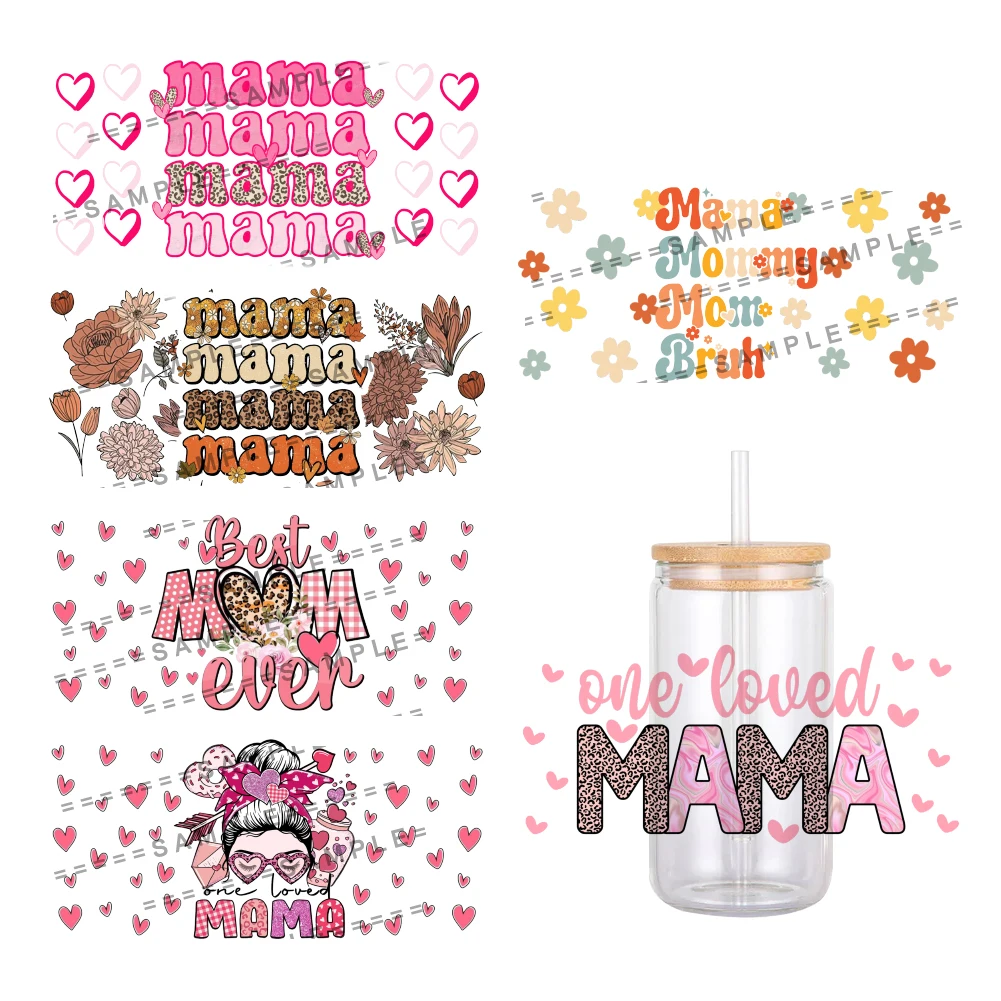 Mother's Day Design Sweet Love Mama Pattern UV DTF Transfer Sticker Waterproof Transfers Decals For 16oz Glass Cup Wrap Stickers