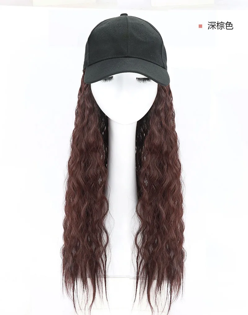 Meetlife Baseball Cap With Long Extension Wig Corn Synthetic Hair Long Curly Wave Hair Travel Beach Baseball Hat cap