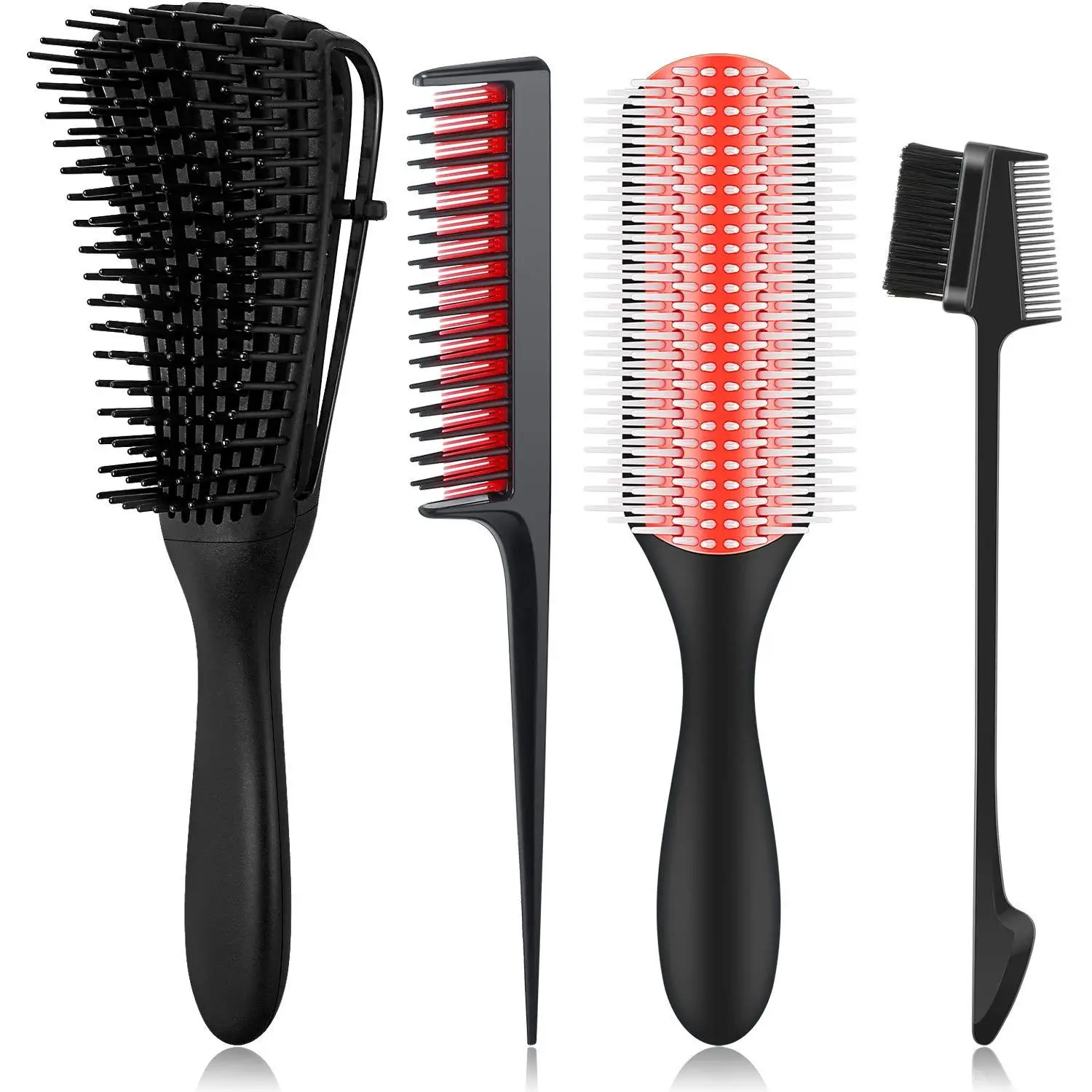 

4pcs Detangling Hair Brush Detangler 9-Row Cushion Nylon Bristle Edge Brush Triple Teasing Comb with Rat Tail for 3a to 4c Hair