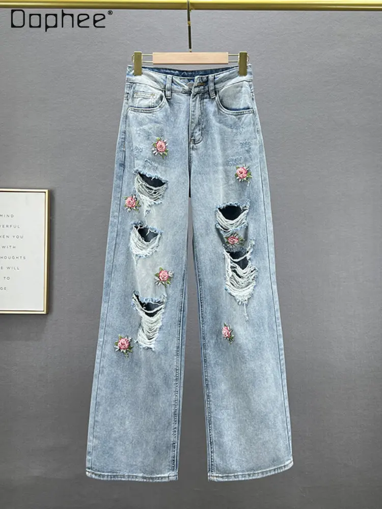 

Рваные джинсы со стразами и цветочной вышивкой, новинка весны 2023, женские свободные брюки из денима с высокой талией и широкими штанинами для похудения