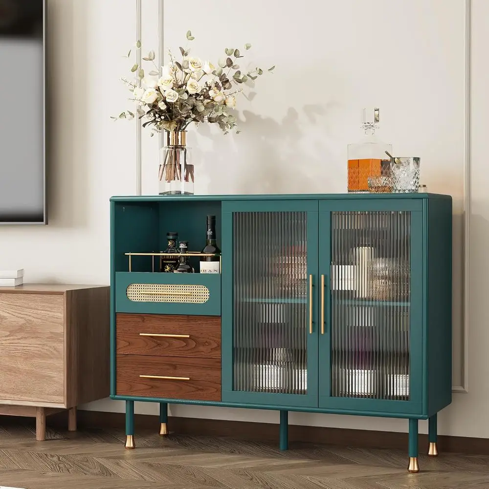 Green 48 Coffee Bar Cabinet with Pull-Out Wine Racks, Storage Drawers, and Serving Sideboard for Kitchen, Dining, and Living Roo