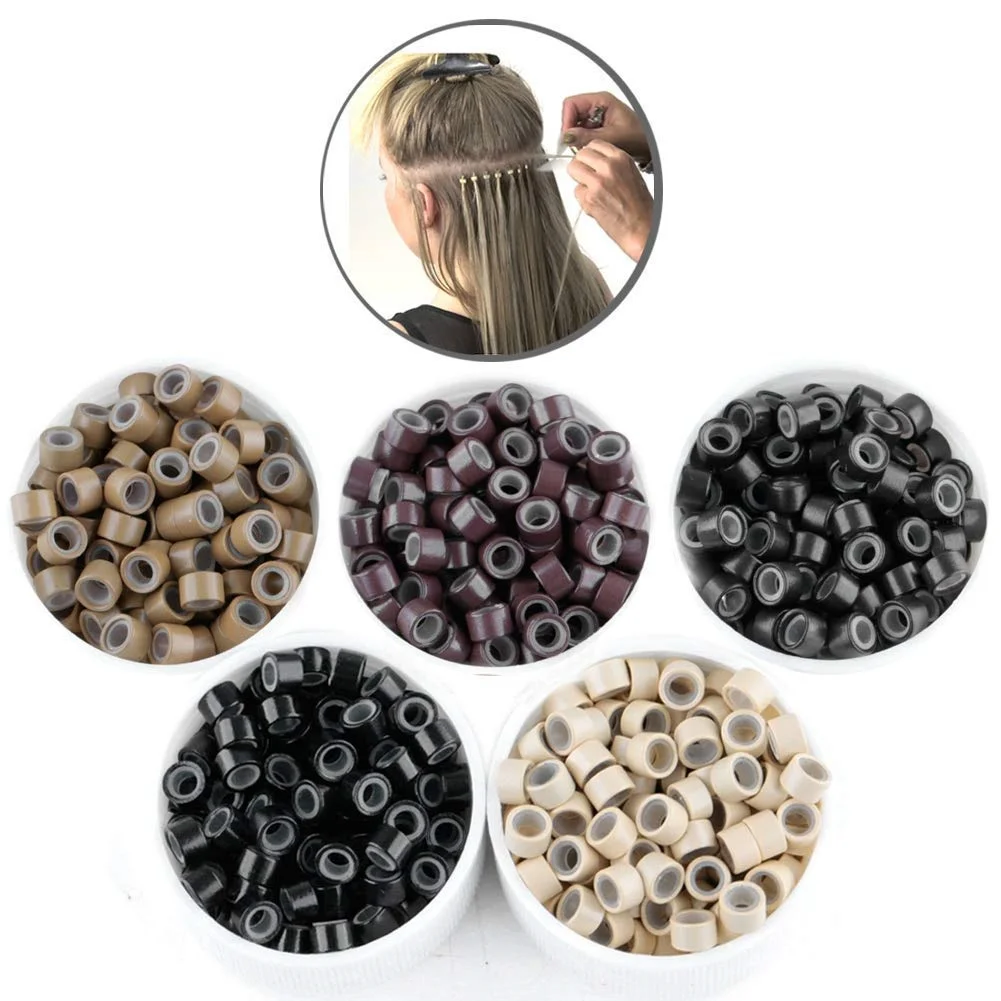 Microanillos de silicona para extensiones de cabello, cuentas forradas de 5mm, herramienta para extensiones de cabello, 500 piezas