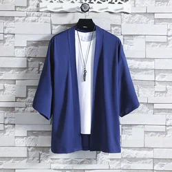 Unisex Black and White Samurai Kimono Cloak - Japanese Haori Summer Shirt - S (Dark Blue A)