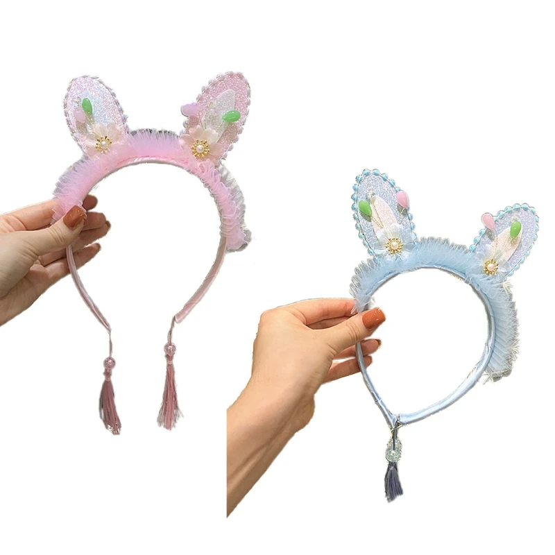 

MXMB Soft Bunny Ears Headband with Tassel Lace Halloween Headdress Glitter Headwear