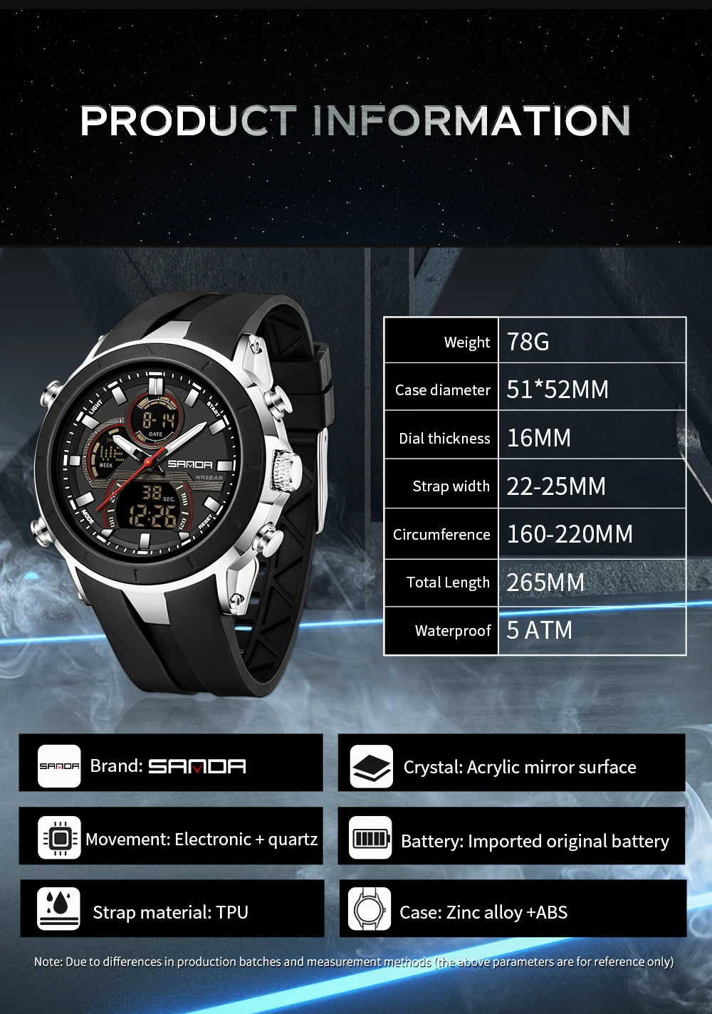Men's Dual Display Waterproof Sports Watch with Large Dial and Luminous Features