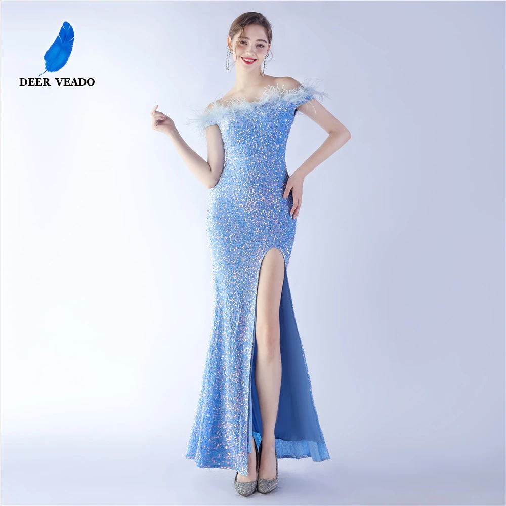 

DEERVEADO Elegant Mermaid Slit Sequins Evening Dress Long Women's Off Shoulder Party Maxi Dress with Feathers Prom Gown