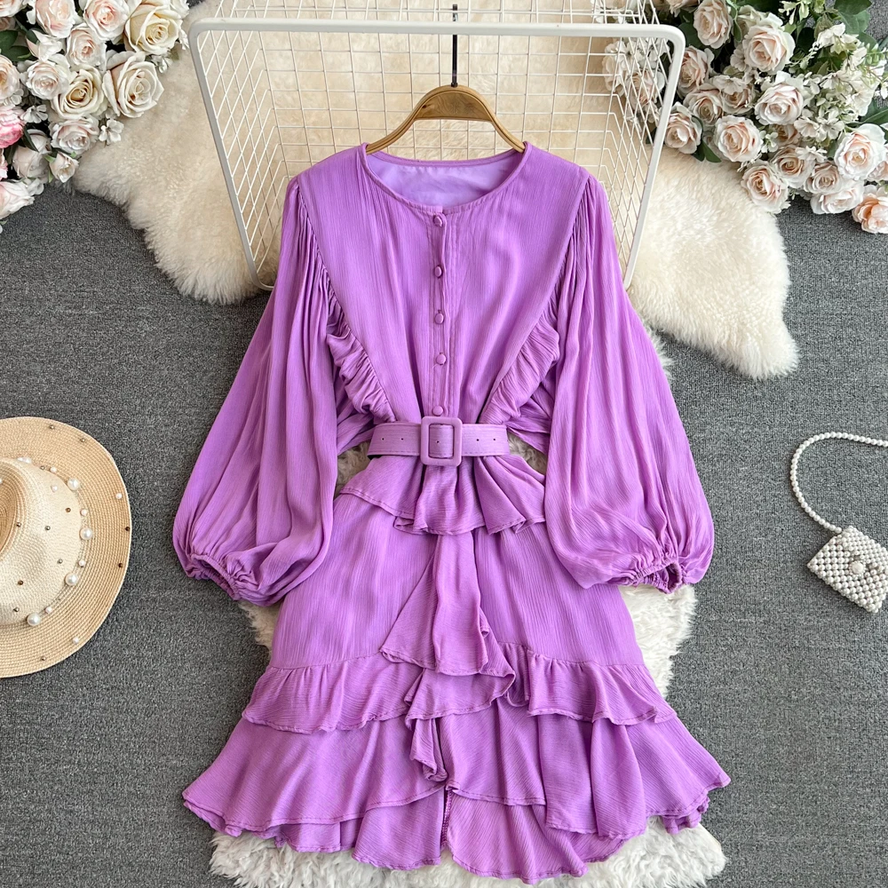 

VANOVICH Summer New Sweet Luxury Temperament Lantern Sleeve O-neck Waist Slim A-line RUFFLES Dress Solid Color Mid-length Dress