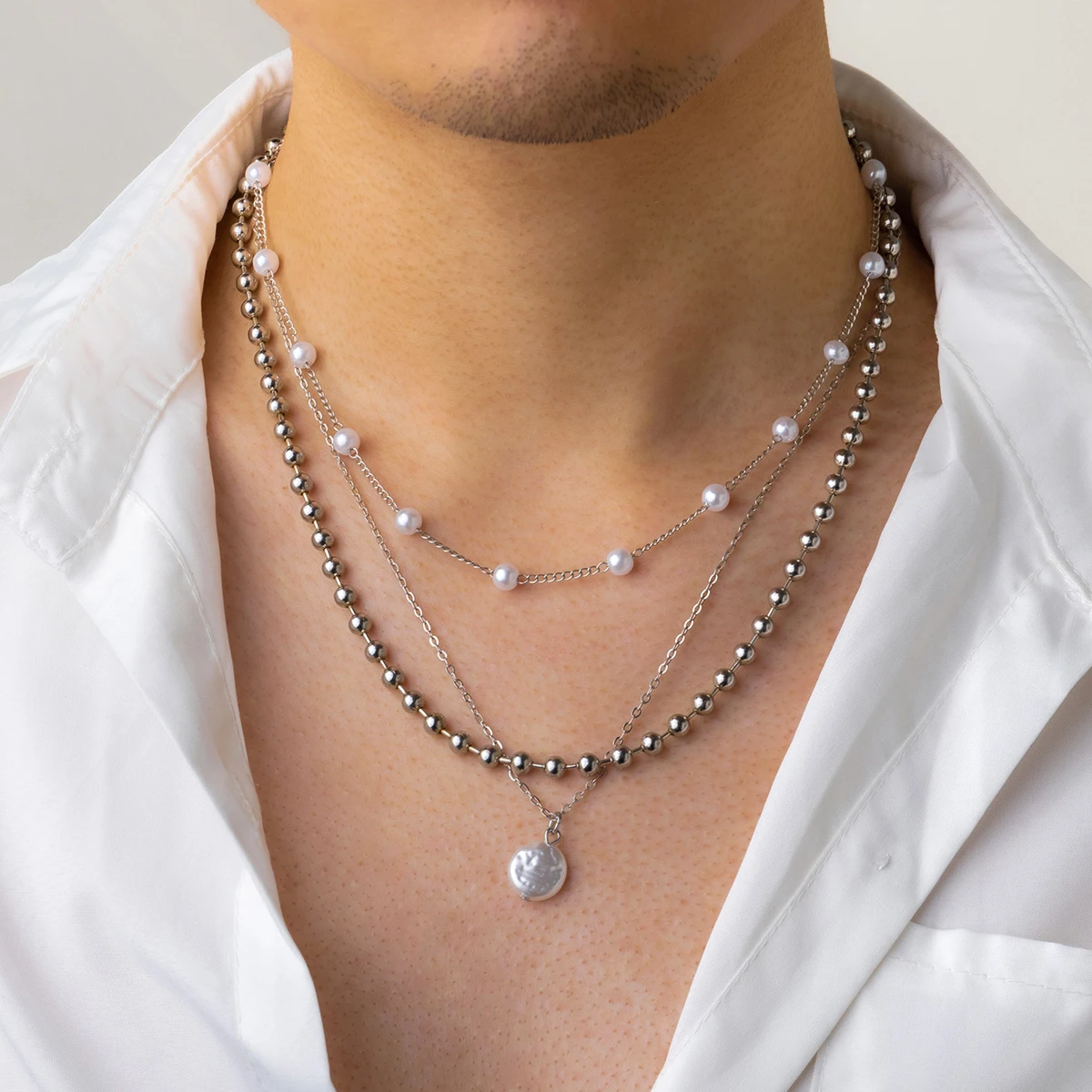 Layered Chains with Pearl Pendants Necklace Men Trendy Charms Pearl