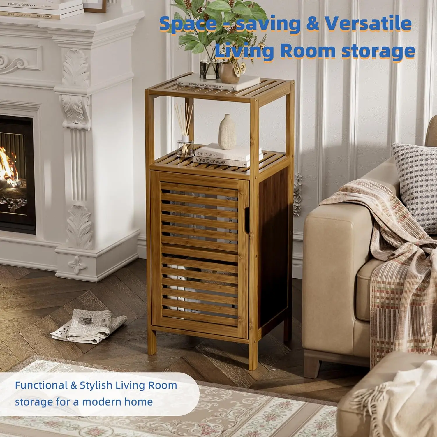 Bathroom Cabinet, Bamboo Floor Cabinet Free Standing, 4 Tier Sofa Side Storage Cupboard for Living Room Kitchen Bedroom, Walnut