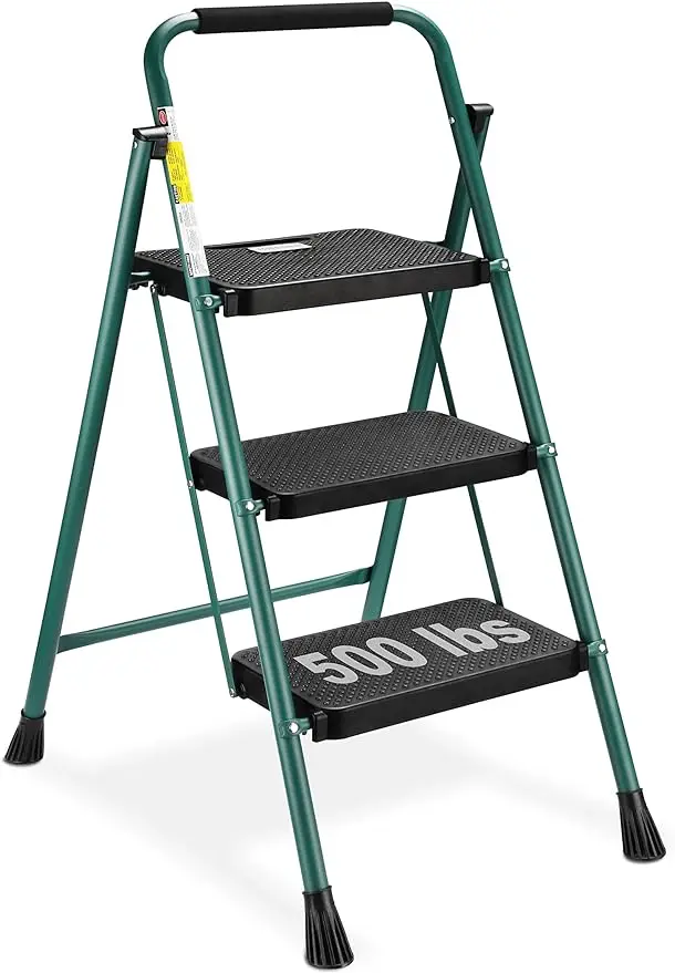 

HBTower 3 Step Ladder, Folding Step Stool with Wide Anti-Slip Pedal, 500 lbs Sturdy Steel Ladder, Convenient Handgrip, Lightweig