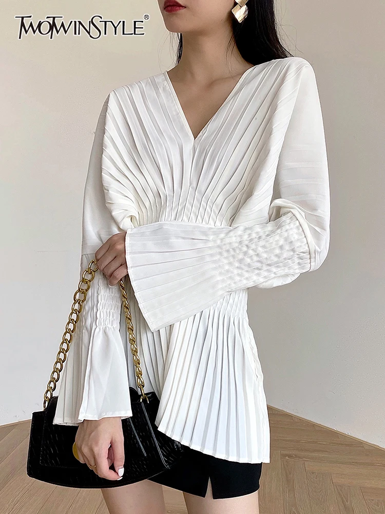

TWOTWINSTYLE Casual Fold Pleated Shirt V Neck Long Sleeve Solid Gathered Waist Blouses Female Fashion Clothing Spring Style New