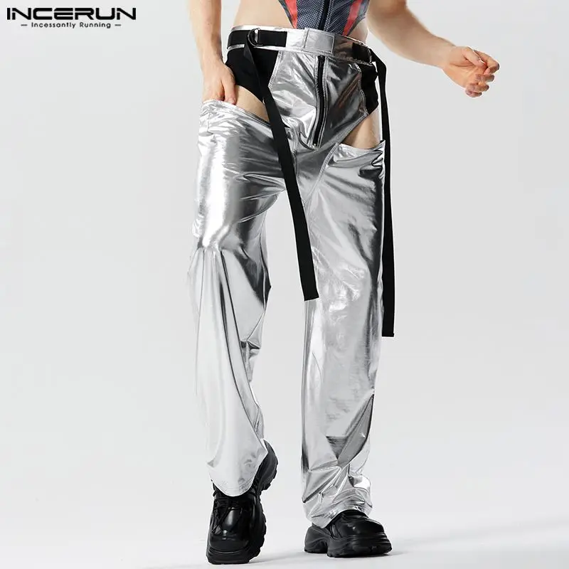 

INCERUN 2023 Men Pants Patchwork Shiny Zipper Hollow Out Loose Streetwear Joggers Trousers Men Party Sexy Fashion Pantalon S-5XL