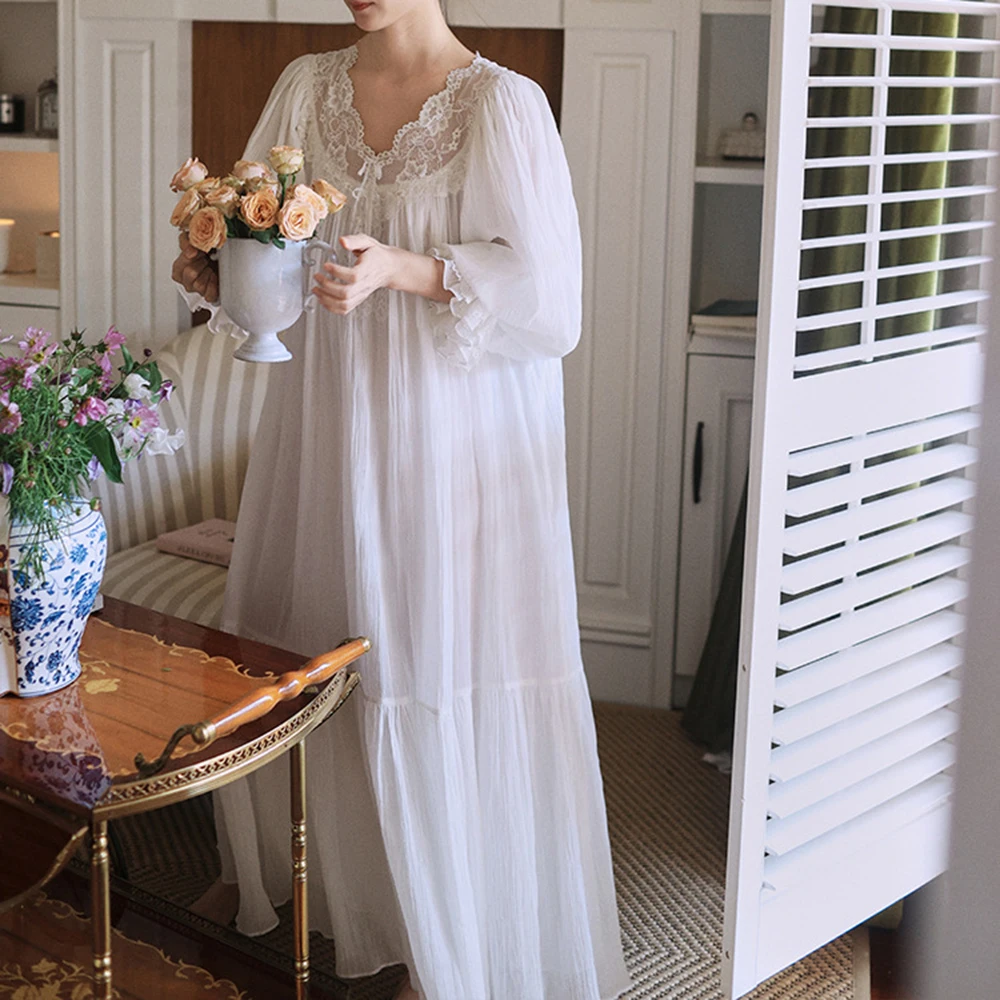 French Fairy Loose Romantic Lace Nightgown Women Long White Retro