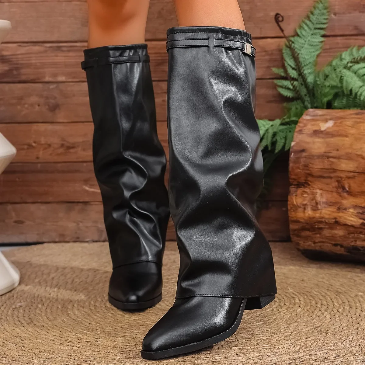 Women's Fashion Folding Knee-high Boots Winter Solid Color Non-slip Thick-soled Wide-leg PU Leather Fashion Boots Botas Mujer