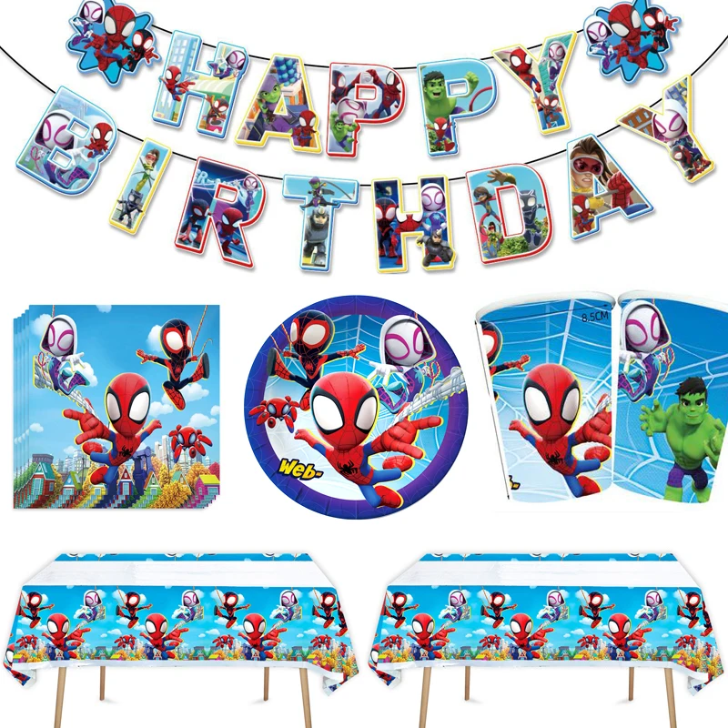 

56pcs/lot Spiderman Theme Hanging Banner Tablecloth Happy Birthday Party Plates Cups Decoration Baby Shower Napkins Towels