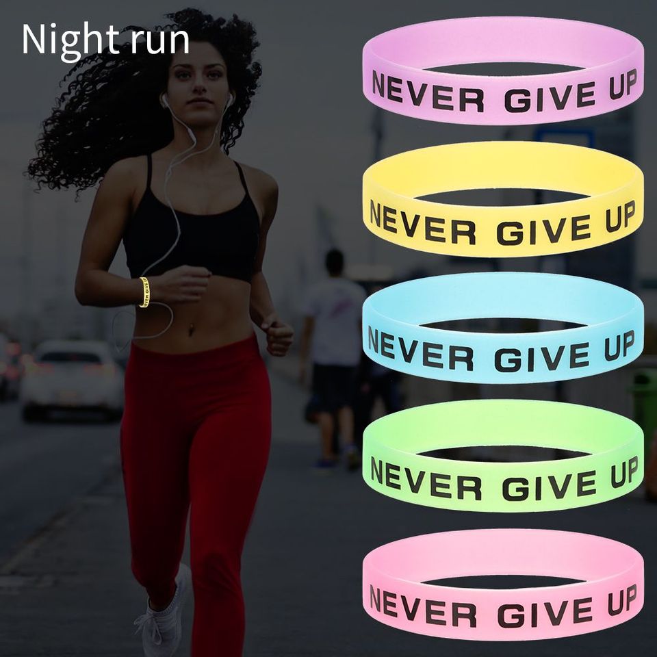 Fashion Teens Silicone Wristband Never Give Up Sport Cuff Bangle Luminous Rubber Bracelet Men Women