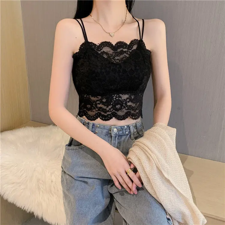 Camis Women Lace Hotsweet Crop Tops Slim Designer Solid Sexy Temper Inner All-match Summer New-arrival Females Chic Korean Style