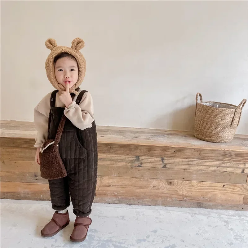 

Korean Style Winter Baby Children Cotton Padded Suspenders Pants Thicken Warm Corduroy Trousers Toddlers Kids Casual Overalls