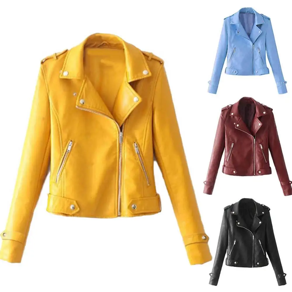 Women's Casual Faux Leather Lapel Zip Up Jacket