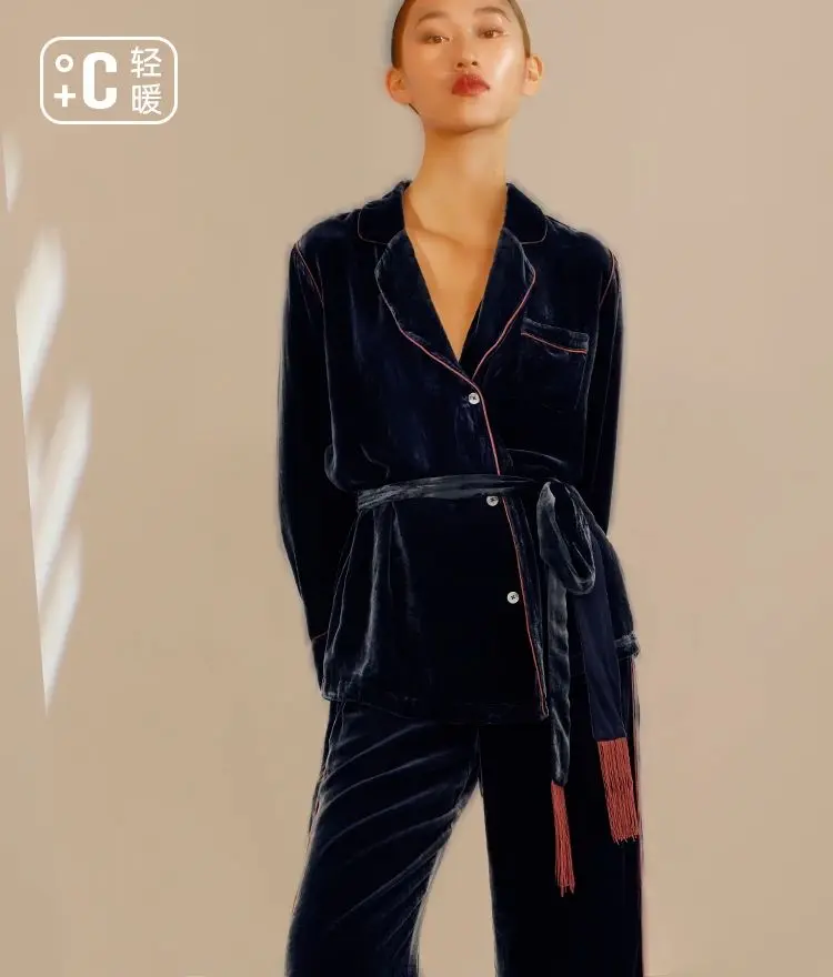 BirdTree, 18%Natural Silk Velvet Pajamas Set, Women Long Sleeve Top Pants, Solid Color Sleep Home Clothes, Fall Winter S48819QM - Image 4