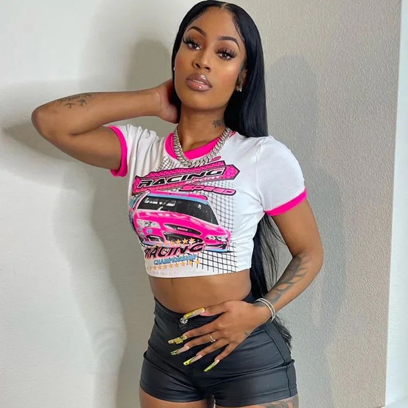

Y2K Contrast Color Graphic T Shirt 2023 Summer Fashion Print Round Neck Short Sleeve Slim Crop Top Streetwear Sexy Baby Tees