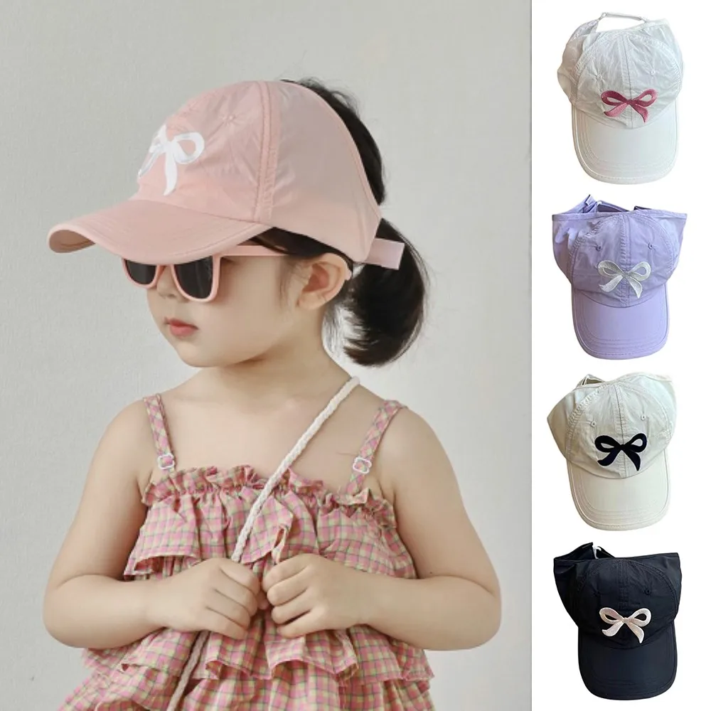 Children Quick Drying Sun Visor Hats For Boys Girls Bow Embroidery Empty Top Ponytail Baseball Cap Kids Summer Sunshade Hats