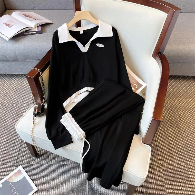 

autumn Women's Patchwork Sweatshirt Two Piece Set Loose High Waist Wide Leg Pants Suit 2022 Casual sportswear Female Outfit 4XL