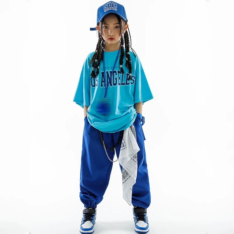 Children Costumes Street Dance Kids Hip Hop Clothing Girls Boys Blue Short Sleeves T Shirt Pants Casual Rave Clothes Loose Practice Wear BL10496