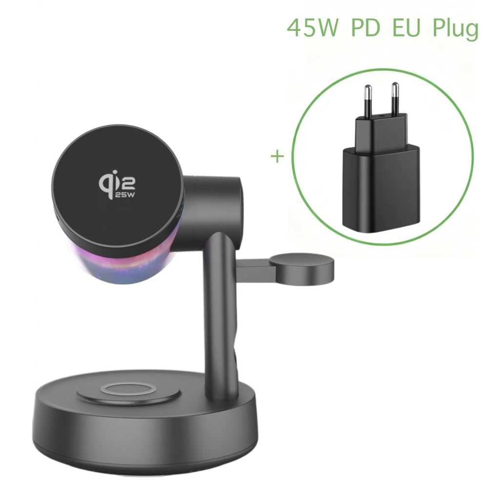 25W Qi2 마그네틱 3 in 1 무선 충전기 고속 충전 스테이션 (LED 블루투스 스피커 내장) 아이폰 17 16 삼성 S26 워치용