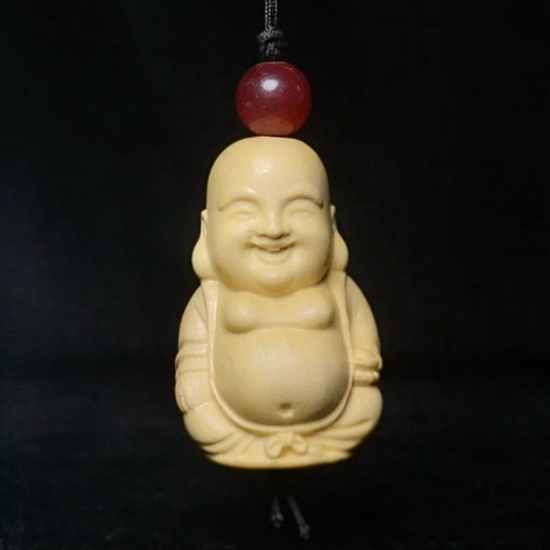 

Chinese boxwood hand carved Lotus flower Maitreya Buddha Figure statue knapsack netsuke pendant Gift collectable