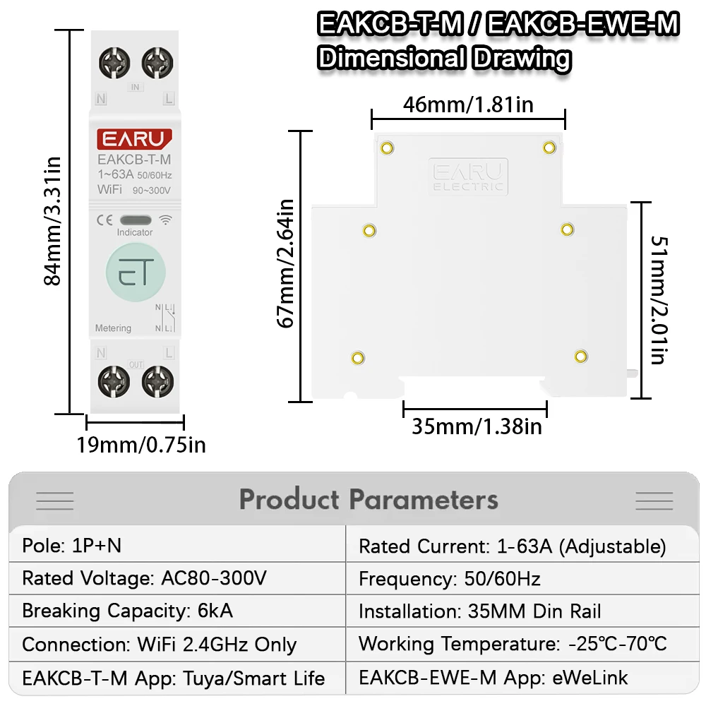 Tuya eWeLink WiFi 스마트 회로 차단기 MCB 1P + N 63A 타이머 릴레이 kWh 전압 전류 측정기 보호기 음성 원격 제어 스위치