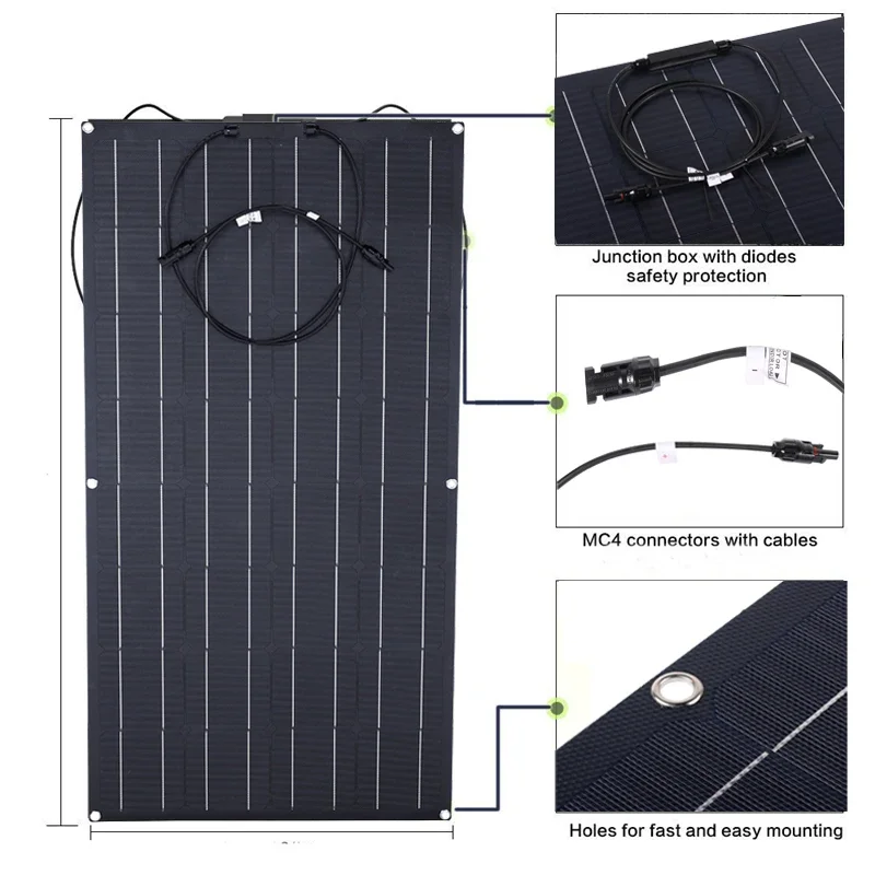 Kit Panel Solar Portátil 300W - Panel Flexible Monocristalino Con Controlador 60A, Para Caravanas, Barcos Y Camping