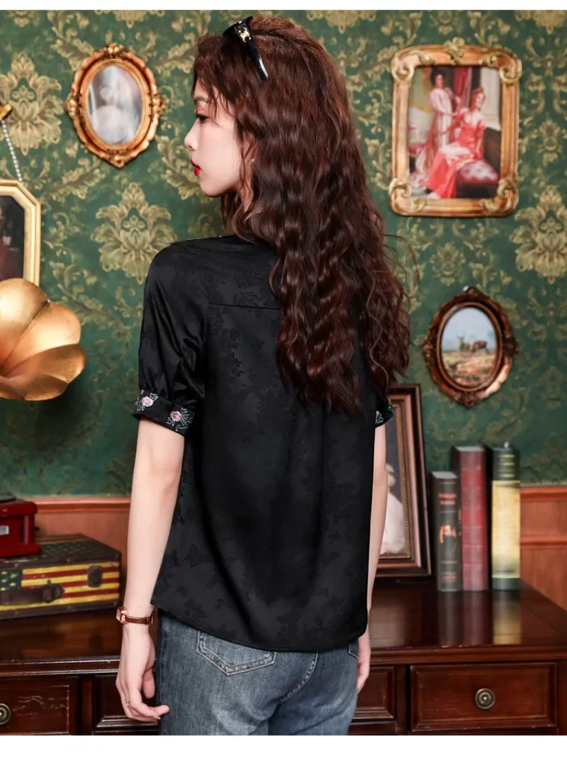 Satin Chinese Style Women's Shirt Summer Embroidery Vintage Blouses Loose Short Sleeves Women Tops Fashion Clothing