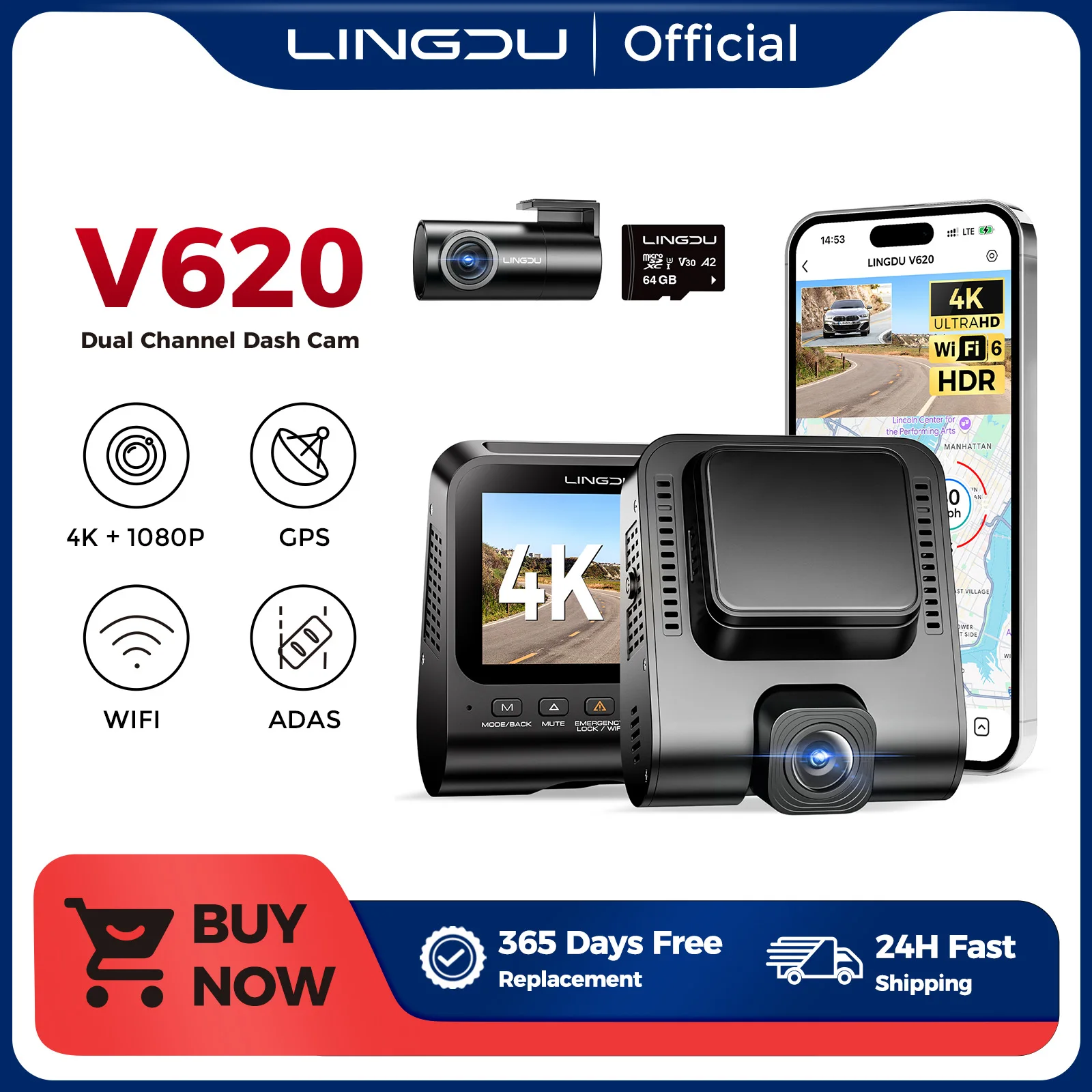 LINGDU V620 Dash Cam for Car Front Rear 4K + 1080P 2.4 Inch IPS WiFi Dash Camera Parking Monitoring Super Night Vision WDR GPS