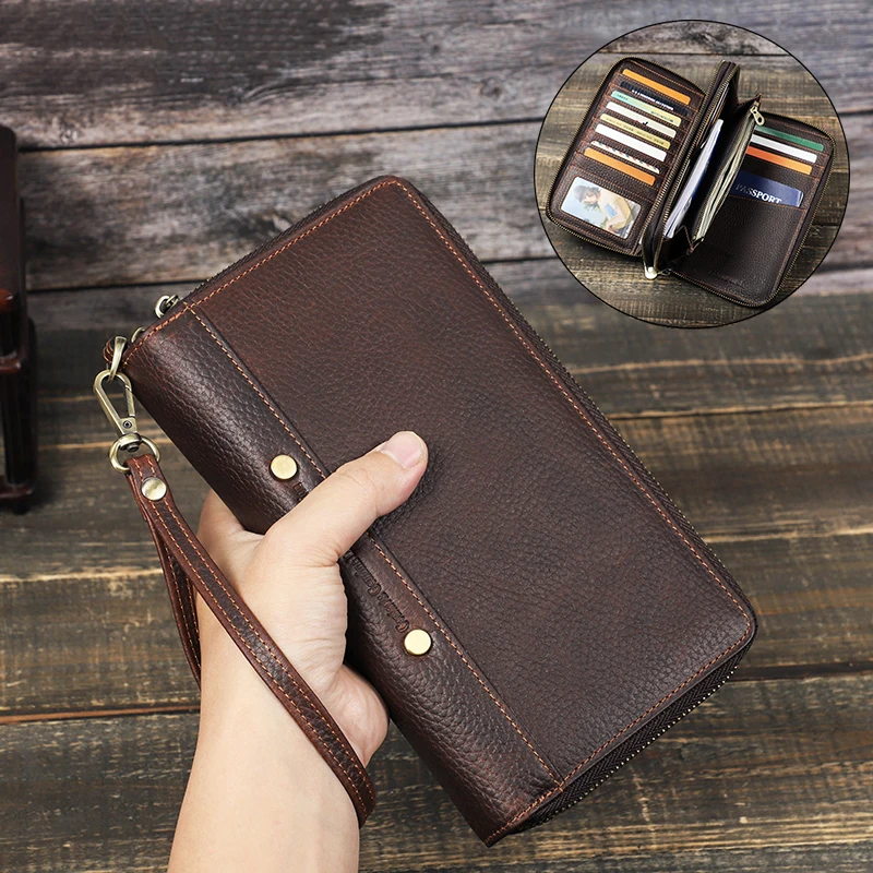 

CONTACT'S Men Clutch Bag Genuine Leather Male Long Wallets Multi Card Holder Double Zipper Large Wallet Bag Passport Cover Purse