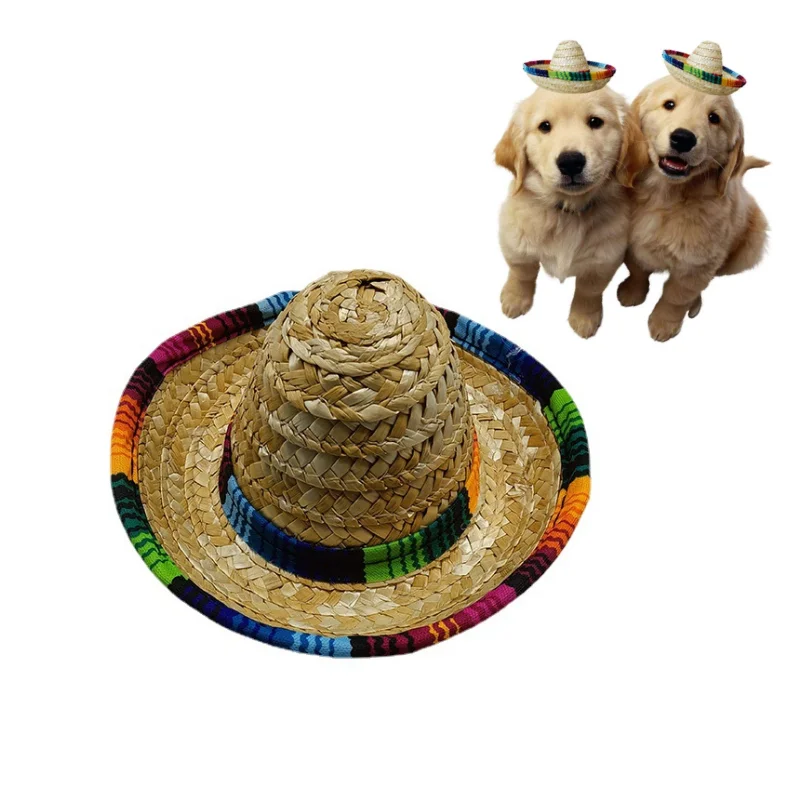 GLSTOY 6 Pcs Pet Straw Hat Mexican Necklace Hawaiian Costume