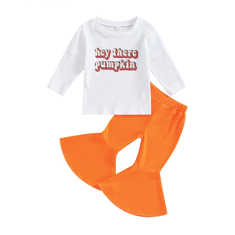 

Girls Halloween Pants Sets White Long Sleeve Letter Print Tops Solid Color Flared Pants Sets
