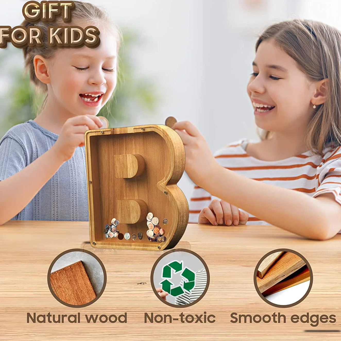 Wooden Coin Money Saving Box Jar Twenty-six Letter Piggy Bank Coins Storage Box Desktop Ornament Home Decor Crafts Xmas Gift