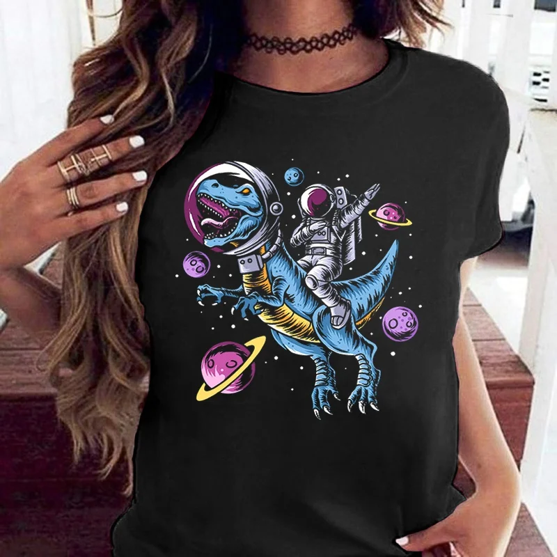 

New Astronaut Dinosaur Print T Shirt Women Summer Casual Short Sleeve Tee Cute Loose T Shirts