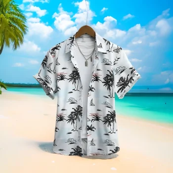 Camicia hawaiana alla moda da uomo con stampe di palme fantasia per la spiaggia estiva, la piscina e le vacanze 1