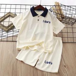 2Pcs Solid Color Short Sleeve + Shorts Set Summer Children Outfits Fashion Boys Thin Cotton T-shirt Pant Tracksuit Clothes