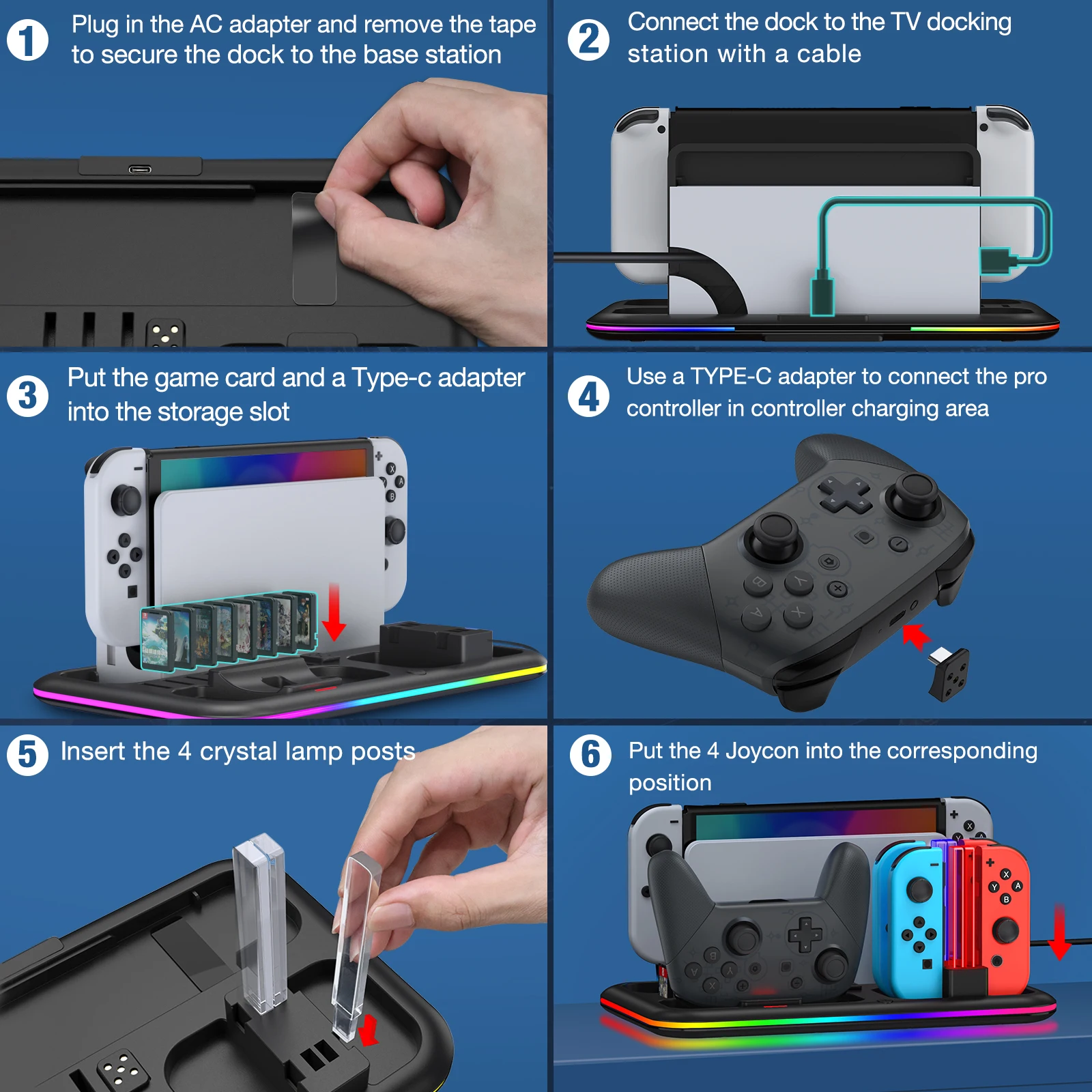 BEBONCOOL SC100 RGB 충전 도킹 스테이션 Nintendo 스위치/스위치 OLED Joycon/Pro 컨트롤러 충전기 게임 카드 보관