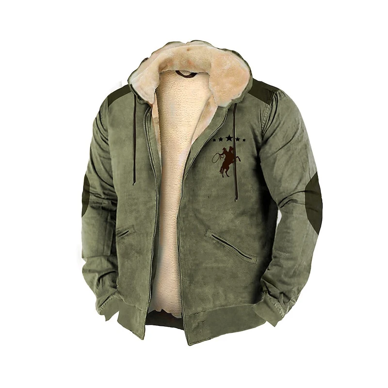Winter Men's Zip-up Hoodies Fleece Coat Jackets Ride A Horse Cowboy Sweatshirts Outerwear Streetwear Long Sleeve Cardigan Hooded