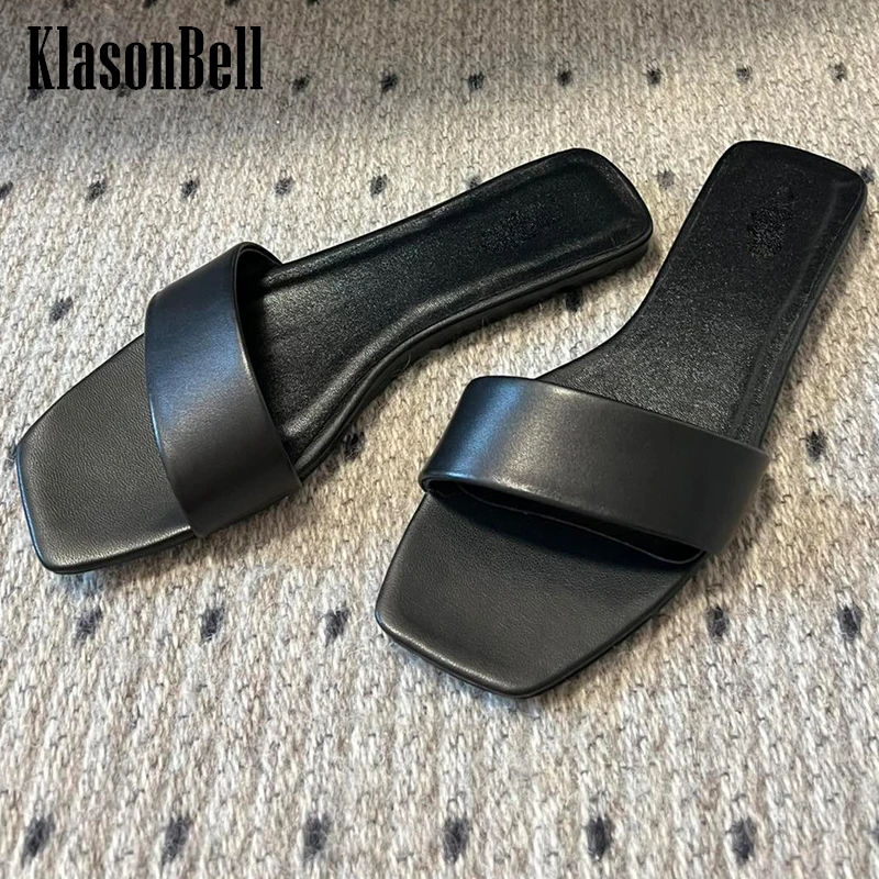 

Сланцы KlasonBell из натуральной кожи, летние тапочки, новинка 5,10, Простые сандалии с квадратным носком и плоской подошвой для улицы, 2024