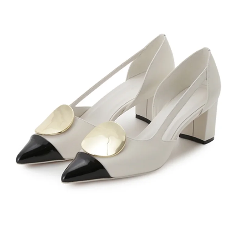 

Spring Summer Matal Buckle Women Shoes Hit Color Pointed Toe High Heels Shallow Mouth Pumps Japan Style Chaussure Femme