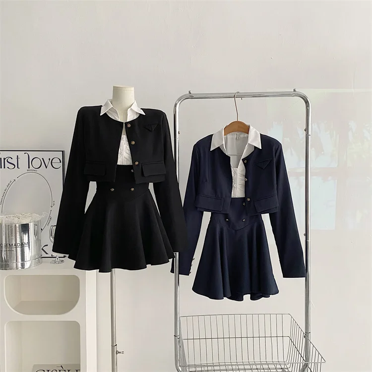 Y2K 3 Piece Set Women Cropped Coat + Long Sleeve Shirt + High Waist Halter Ruffles Mini Dress Korean Chic Fashion Sexy Outfits