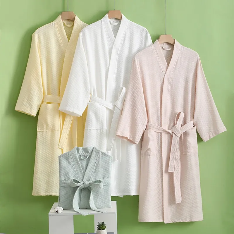 

Pure Cotton Kimono Robe Women And Men Nightwear Bathrobes Sleepwear Ladies Home Clothes Solid Waffle Hotel Robes Female Nightie