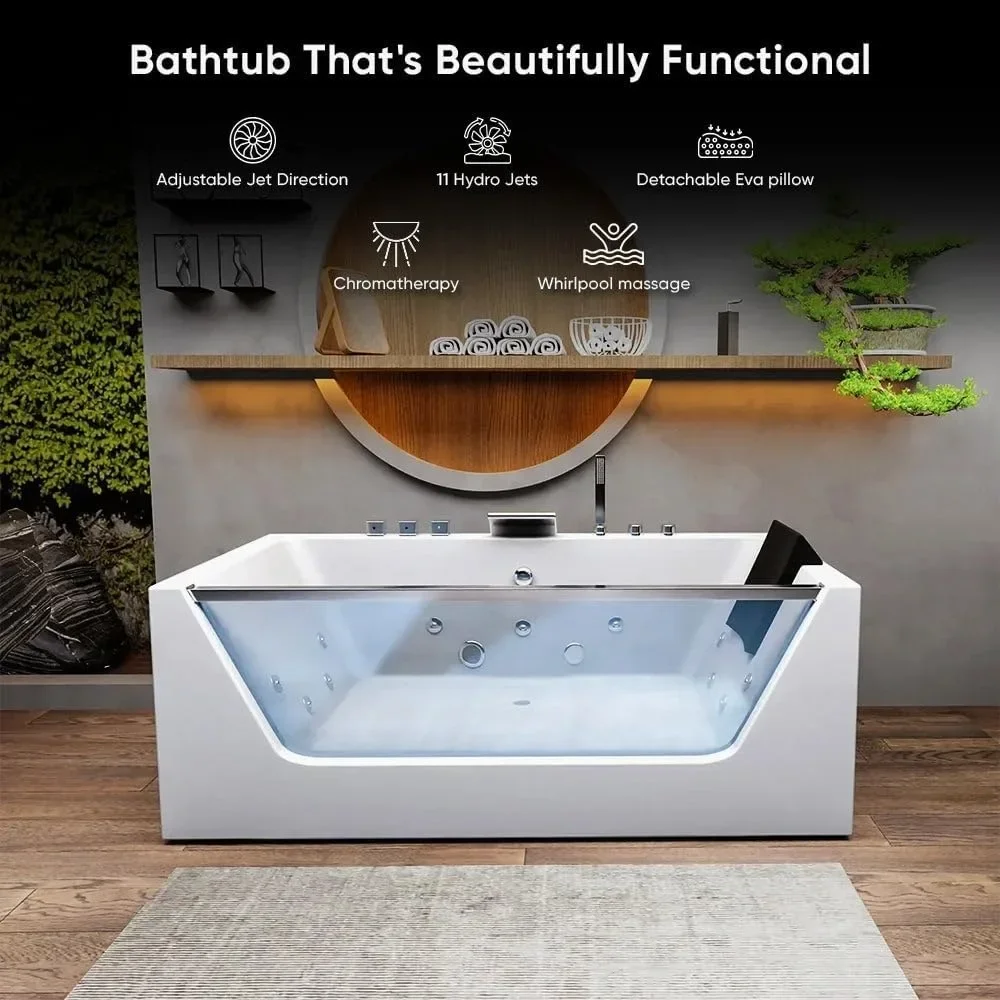 60 Inch Acrylic Freestanding Whirlpool Hot Tub Modern Soaking Bathtub with Central Drainage and Color Therapy  Bathroom Fixture 3