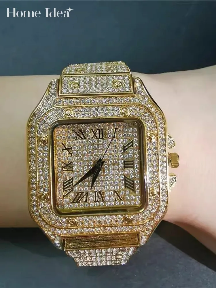 

Hip Hop Men Shiny Diamonds Studded Square Quartz Watch Fashion Party Wristwatch Casual Watches